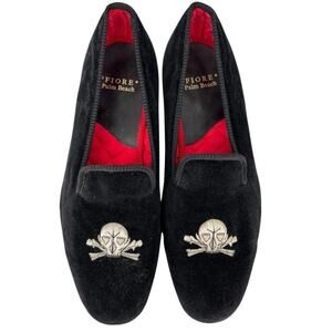 Fiore Palm Beach Skull Moccasins Black Velvet Shoes Hand Made England Men's 10.5